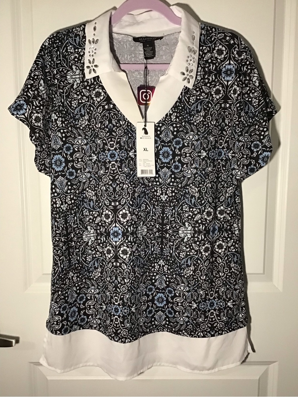 Madison Black and Light Blue Floral Polo Tunic with White Trim XL